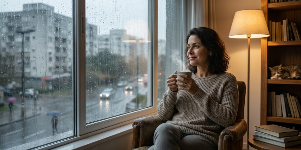Pessoa observa a chuva pela janela em um ambiente interno calmo e protegido.