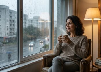 Pessoa observa a chuva pela janela em um ambiente interno calmo e protegido.