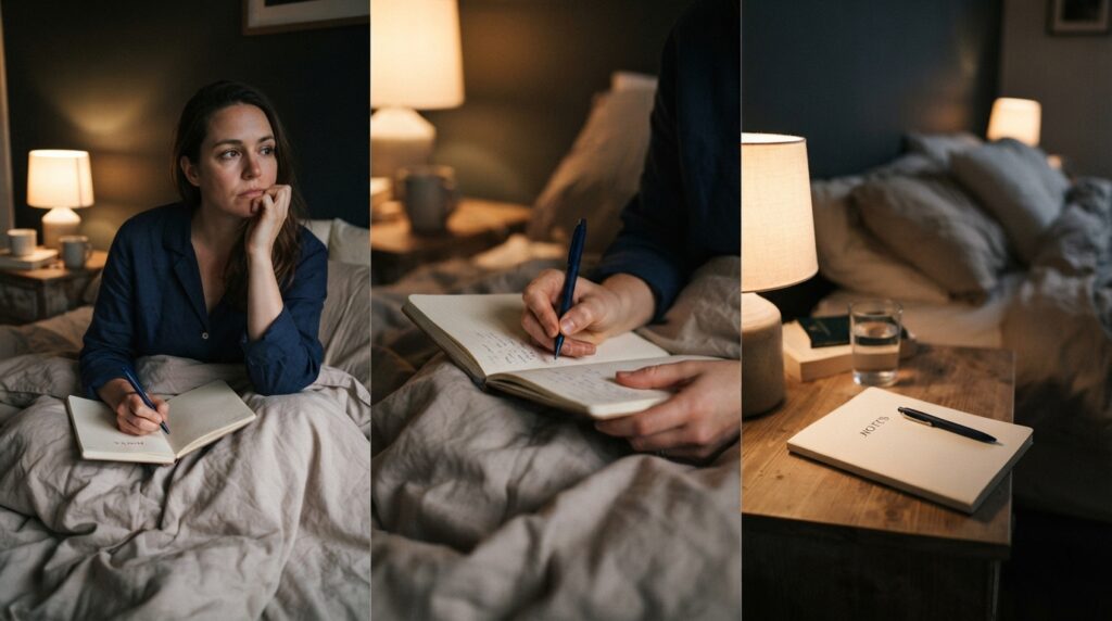 Três cenas mostram uma pessoa pensativa à noite, escrevendo em um caderno e organizando o material na mesa de cabeceira.