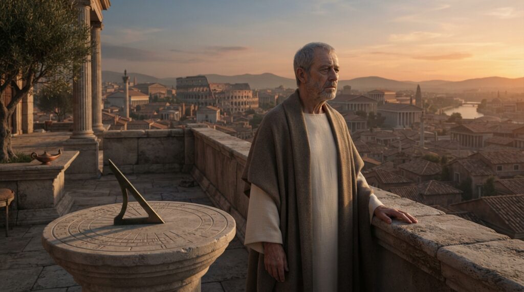 Filósofo romano idoso inspirado em Sêneca observa o pôr do sol ao lado de um relógio de sol de pedra em uma varanda da Roma Antiga.