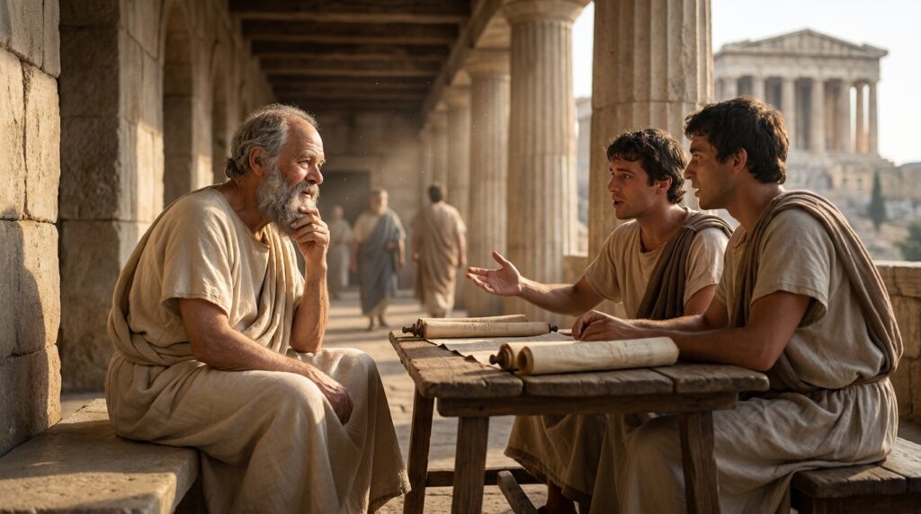 Sócrates conversando com jovens estudantes na Grécia Antiga, representando a humildade intelectual e a busca pelo conhecimento.