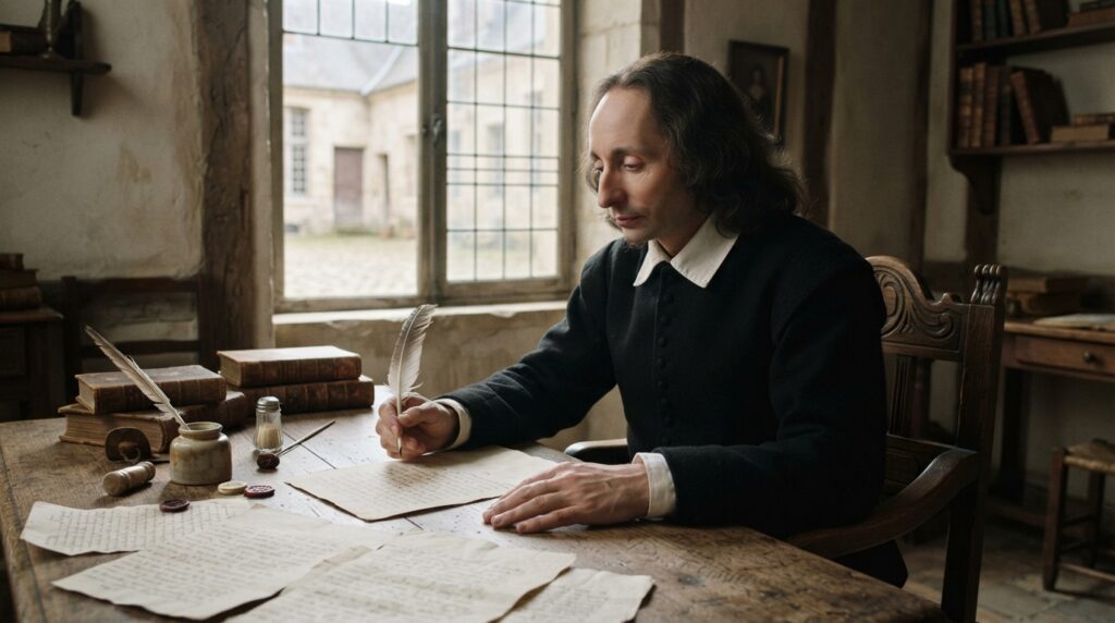 Representação de Blaise Pascal escrevendo reflexões filosóficas com uma pena sobre uma mesa de madeira em um escritório francês do século XVII.