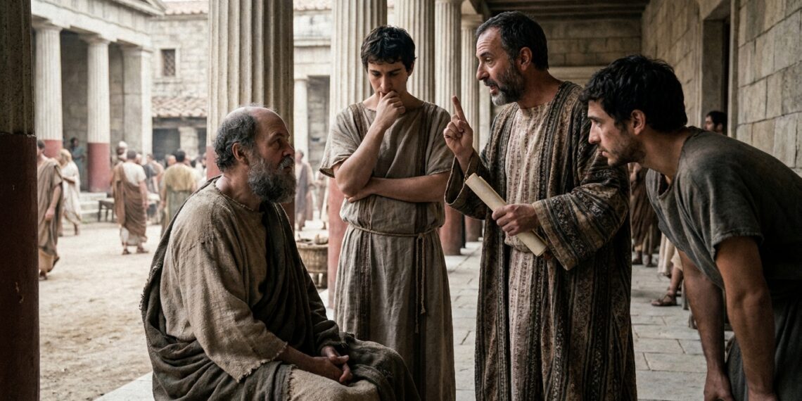 Sócrates conversa com cidadãos de Atenas em uma cena que representa dúvida, escuta e humildade intelectual.