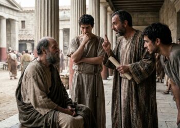 Sócrates conversa com cidadãos de Atenas em uma cena que representa dúvida, escuta e humildade intelectual.