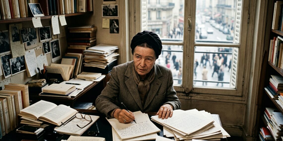Simone de Beauvoir aparece em idade avançada cercada por livros e trabalhos, mantendo uma postura ativa e autônoma.