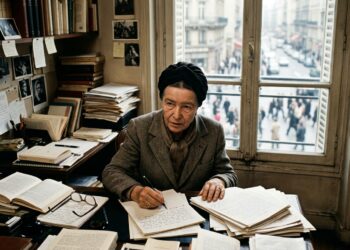 Simone de Beauvoir aparece em idade avançada cercada por livros e trabalhos, mantendo uma postura ativa e autônoma.