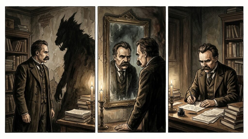 Philosopher_reflecting_and_writi%E2%80%A6_20261016152451-1024x576 Nietzsche registrou: “Quem luta com monstros deve cuidar para não se tornar também um monstro”
