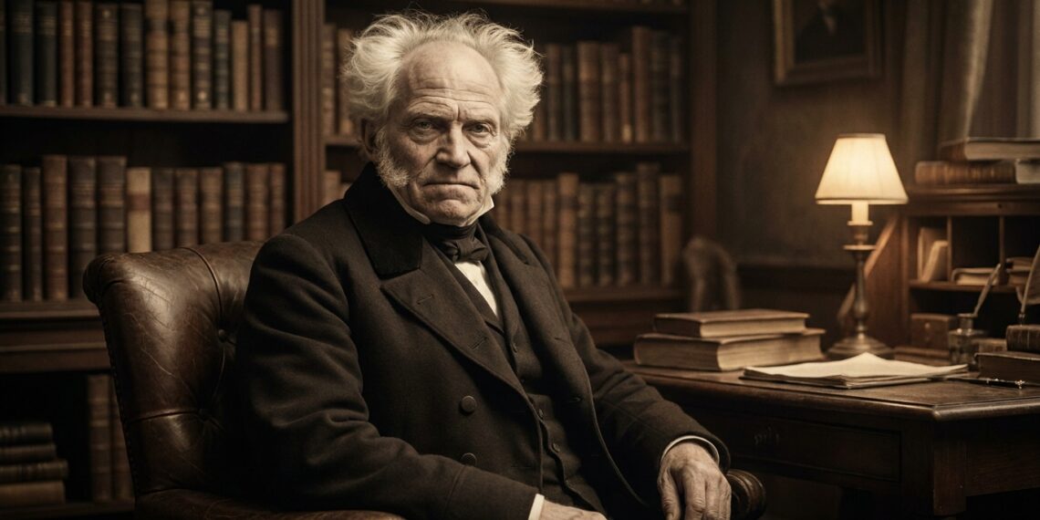 Retrato de Arthur Schopenhauer em um ambiente de estudo com livros antigos.