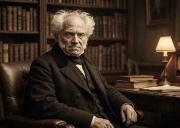 Retrato de Arthur Schopenhauer em um ambiente de estudo com livros antigos.