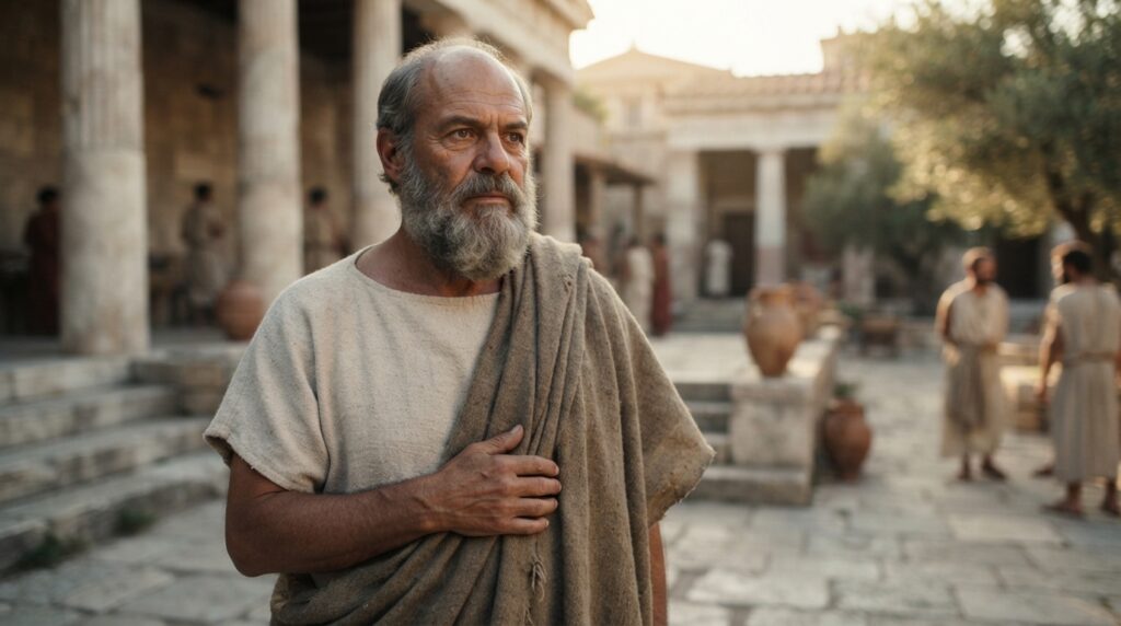 Representação hiper-realista de Sócrates, filósofo grego de barba grisalha, em um pátio de Atenas na Antiguidade.