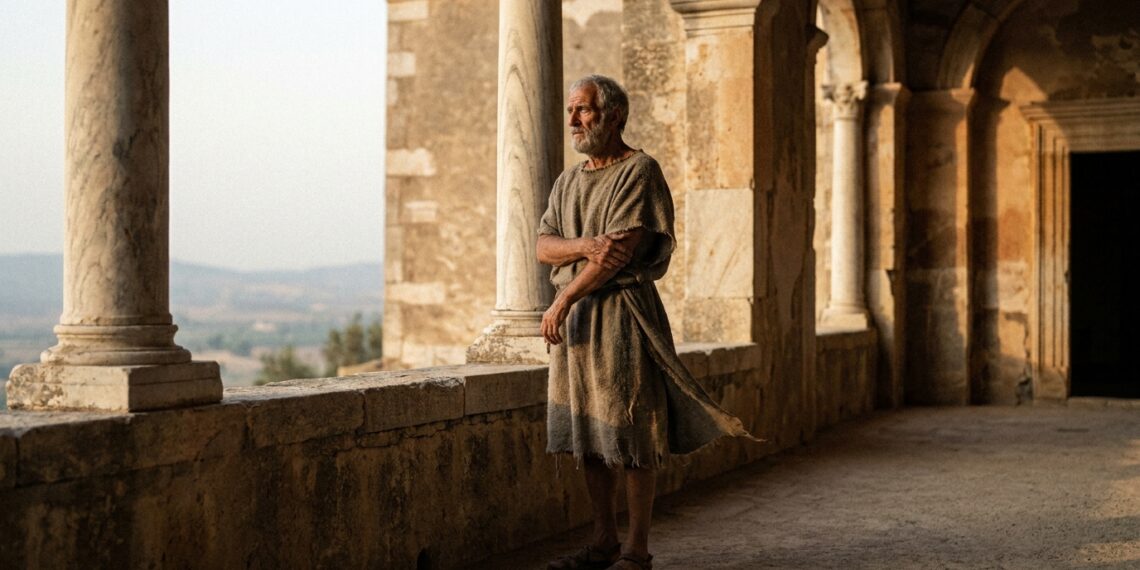 Representação histórica de Epicteto em um pátio romano, simbolizando a filosofia estoica e o domínio das emoções.
