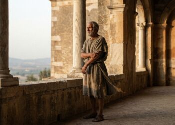 Representação histórica de Epicteto em um pátio romano, simbolizando a filosofia estoica e o domínio das emoções.