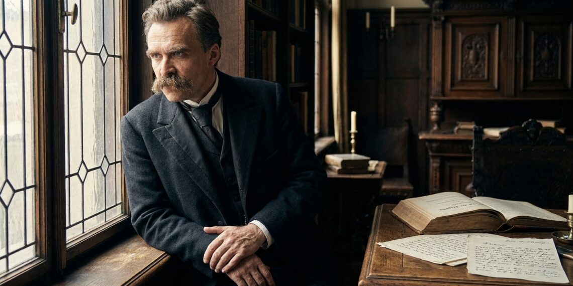 Friedrich Nietzsche em um ambiente filosófico que simboliza a busca por sentido diante do sofrimento.