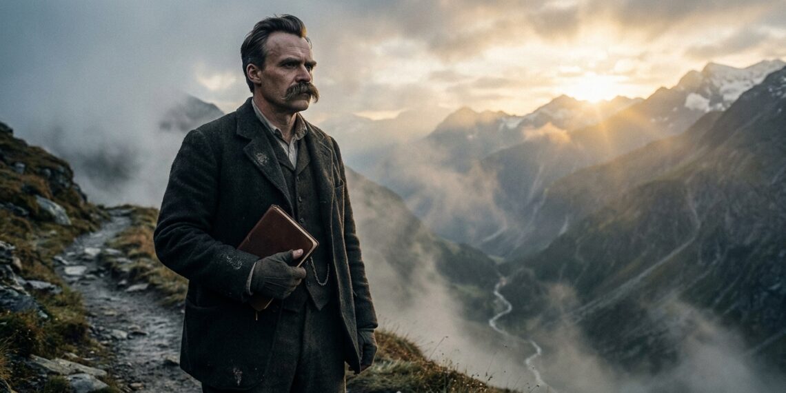 Friedrich Nietzsche observa um caminho entre montanhas após atravessar um trecho difícil.