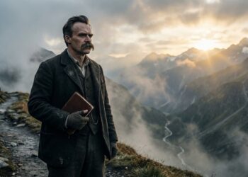 Friedrich Nietzsche observa um caminho entre montanhas após atravessar um trecho difícil.