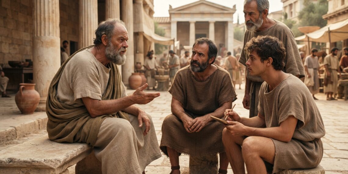 Representação histórica de Sócrates conversando com três cidadãos atenienses em um pátio público da Grécia Antiga.