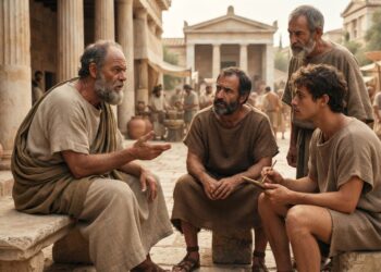 Representação histórica de Sócrates conversando com três cidadãos atenienses em um pátio público da Grécia Antiga.
