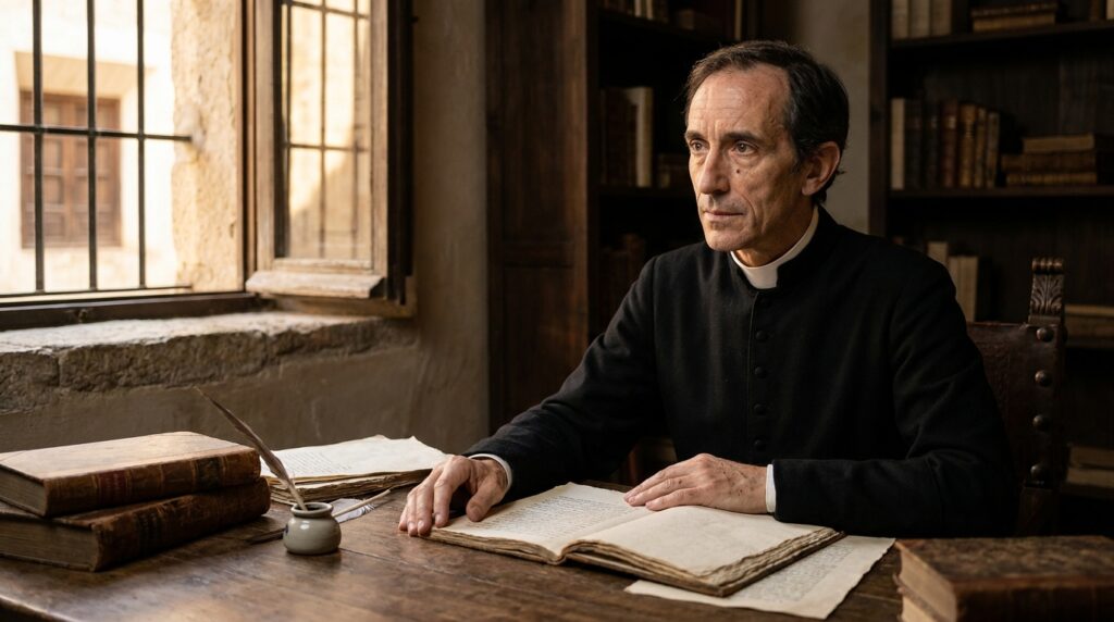 Representação artística de Baltasar Gracián sentado diante de livros e manuscritos em um gabinete espanhol do século XVII.