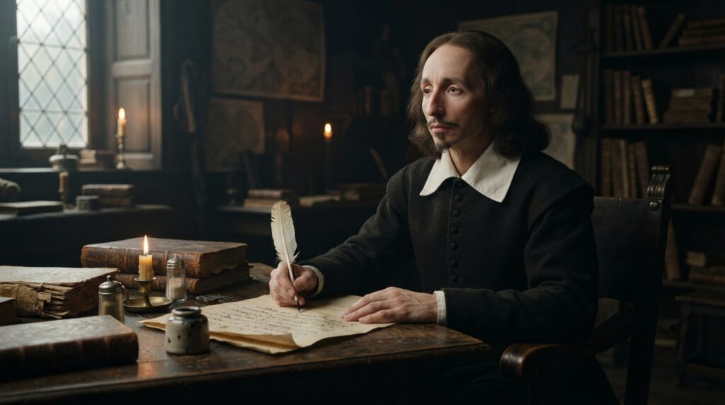 Blaise Pascal escreve em um manuscrito com pena e tinta enquanto reflete em seu escritório histórico.