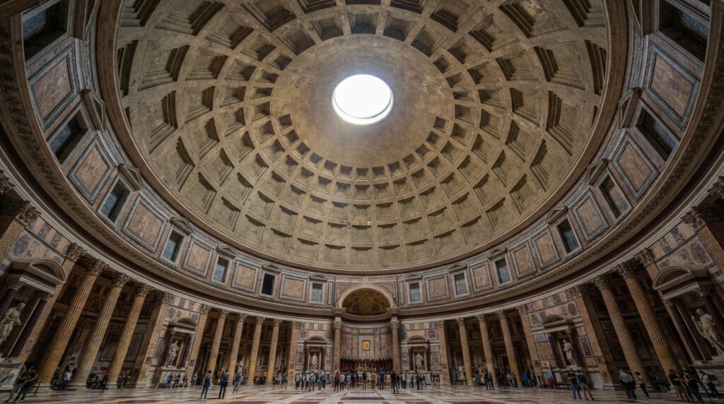 Interior da cúpula de concreto do Panteão de Roma, com caixotões geométricos e abertura circular no topo.