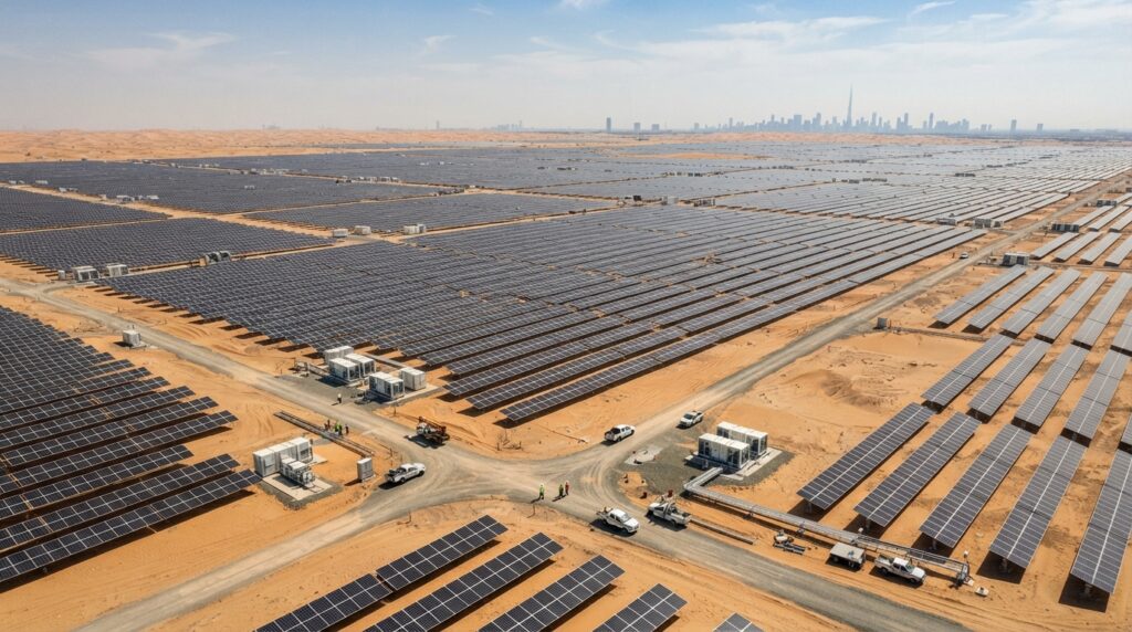 Milhares de painéis solares ocupam uma extensa área do deserto de Dubai.