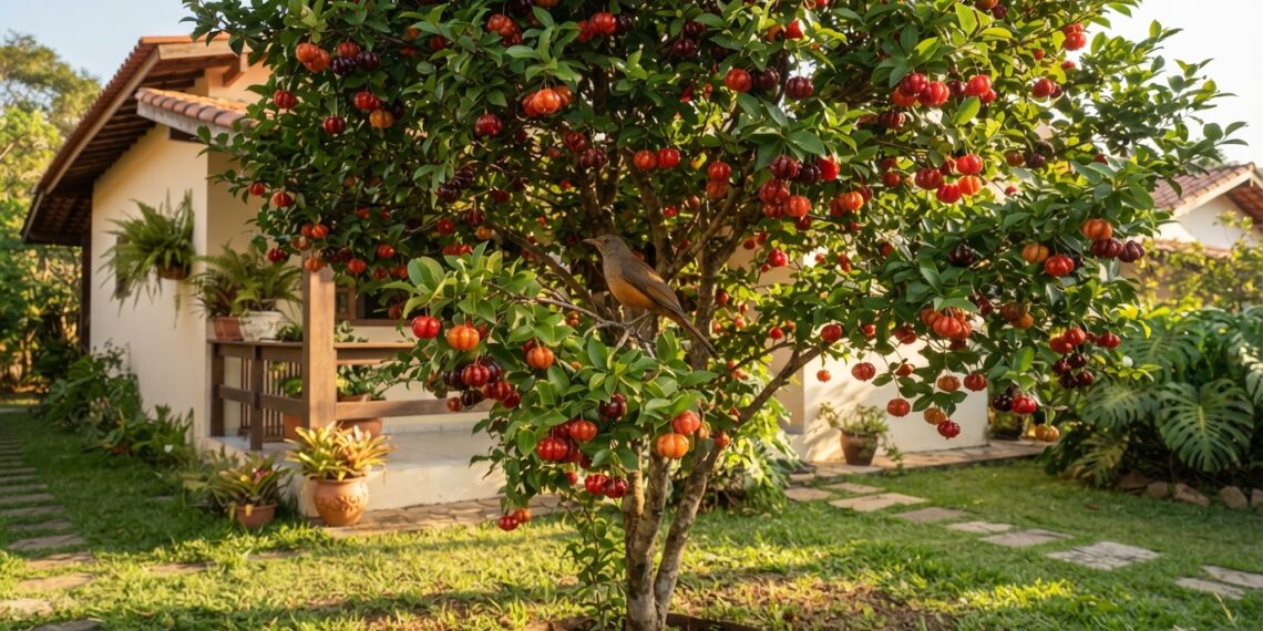 Pitangueira adulta com copa verde e frutos vermelhos em um quintal brasileiro, oferecendo sombra e recebendo a visita de um sabiá-laranjeira.
