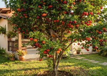 Pitangueira adulta com copa verde e frutos vermelhos em um quintal brasileiro, oferecendo sombra e recebendo a visita de um sabiá-laranjeira.