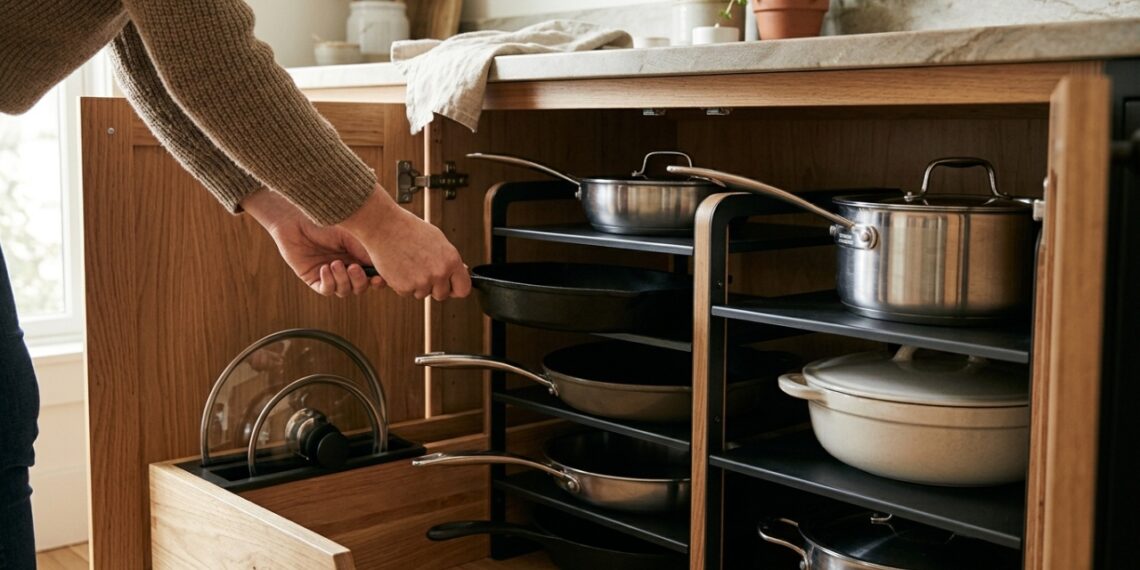 Organizadores de panelas e tampas para ganhar espaço na cozinha
