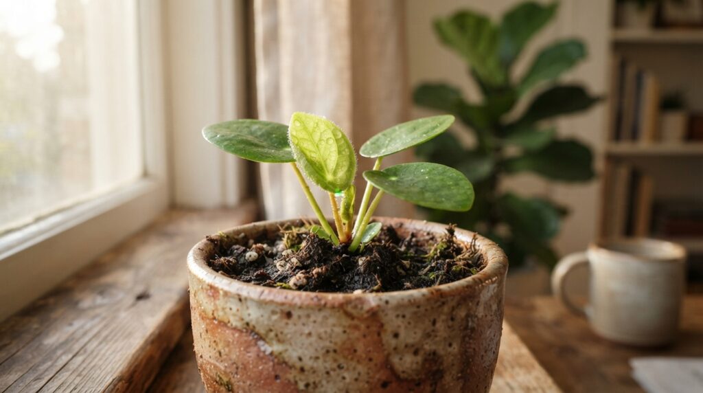 Pequena planta desenvolve uma nova folha perto de uma janela iluminada pelo sol da manhã.
