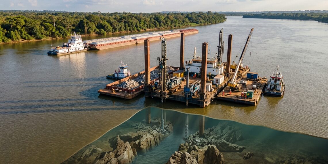 Plataforma perfura rochas submersas no Rio Tocantins enquanto grande comboio aguarda passagem.