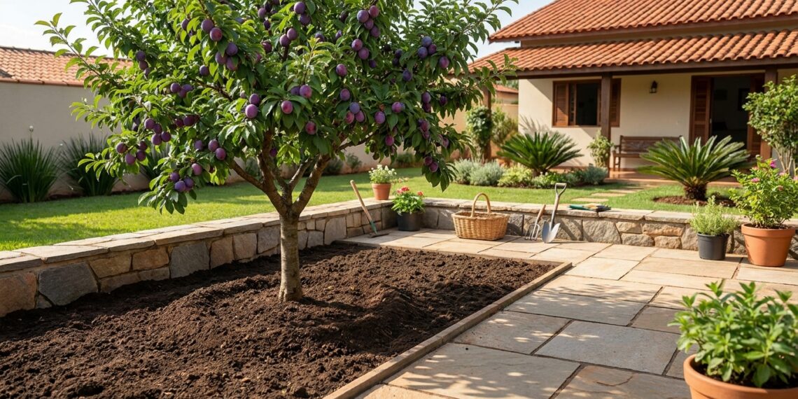 Ameixeira compacta com frutos maduros cresce em canteiro afastado do piso do quintal.
