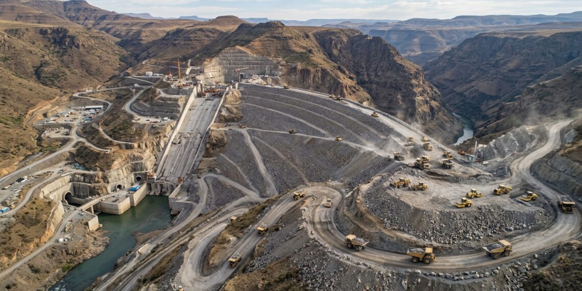 Barragem de Polihali em construção com grande maciço de rocha compactada no vale do rio Senqu.