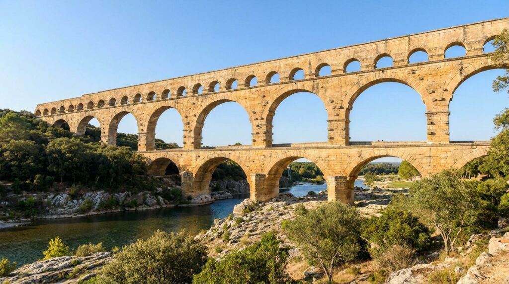 Vista panorâmica dos três níveis de arcos do aqueduto romano Pont du Gard atravessando o vale do rio Gardon.
