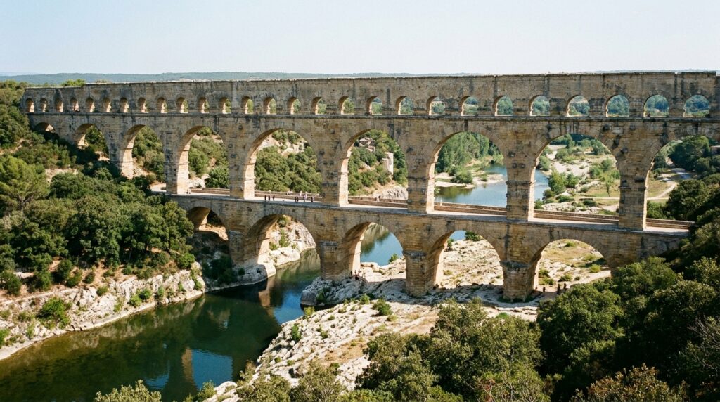 Detalhe dos blocos de calcário encaixados nos arcos do aqueduto romano Pont du Gard, na França.