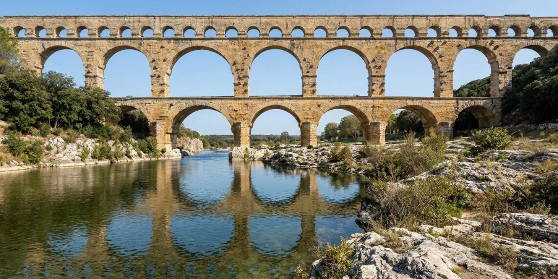 Ponte Pont du Gard, na França, com três níveis de arcos de pedra atravessando o vale do rio Gardon.