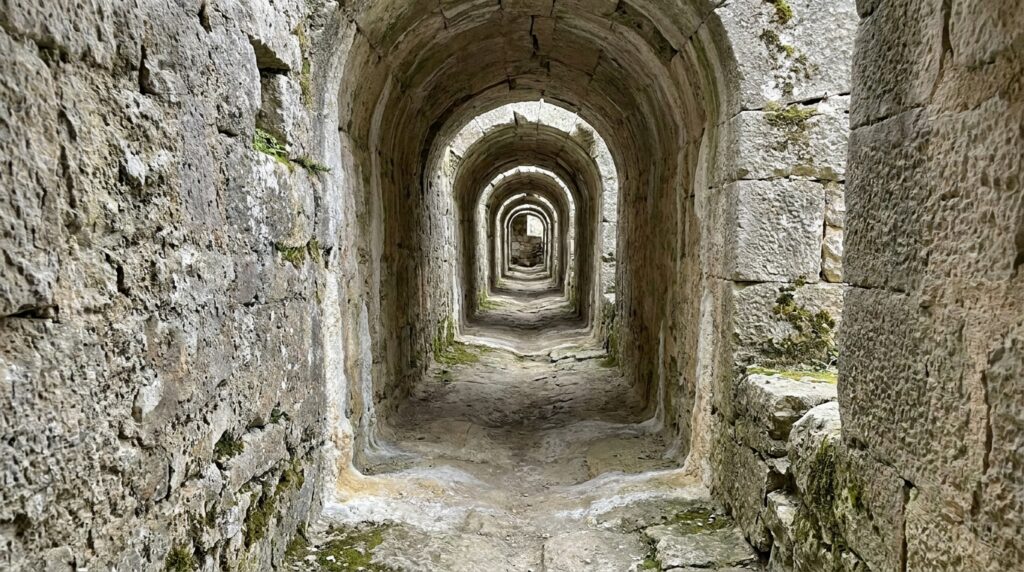 Canal de pedra do aqueduto romano Pont du Gard, ilustrando o sistema de condução de água por gravidade.