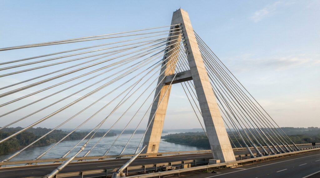 Detalhe de uma torre em formato de A da Ponte da Integração, com cabos de aço inclinados conectando a estrutura de concreto ao tabuleiro.