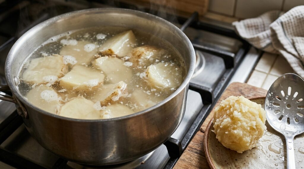 Batatas cozinham em água levemente alcalina e desenvolvem uma camada externa mais macia e rica em amido.