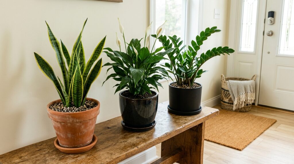 Três plantas de entrada aparecem em posições diferentes conforme suas necessidades de luz e rega.