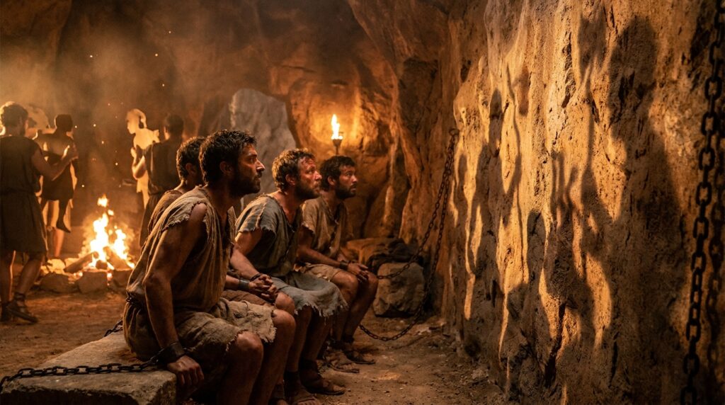 Prisioneiros acorrentados observam sombras projetadas na parede de uma caverna, representando a alegoria de Platão.