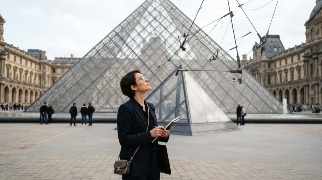 Profissional observa a estrutura de vidro da pirâmide do Louvre no pátio do museu.