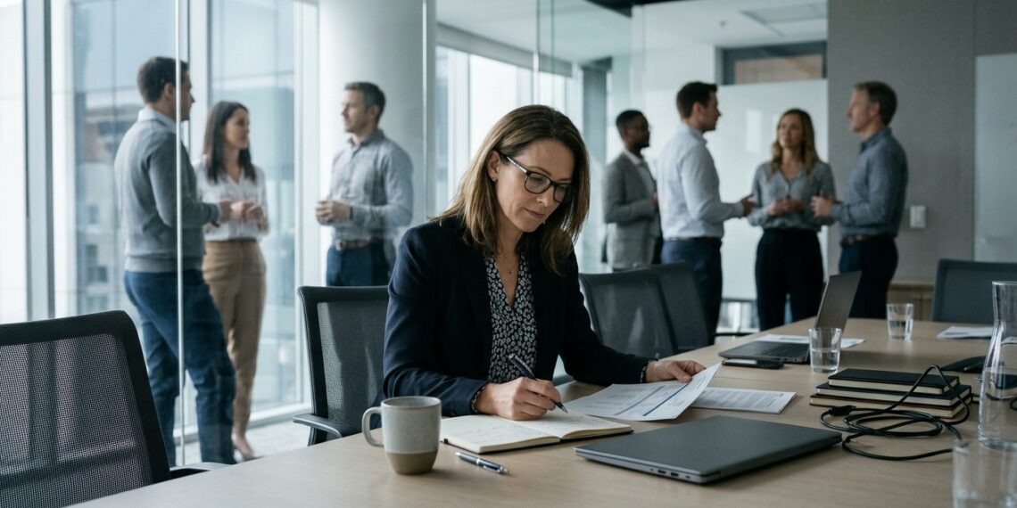 Profissional revisando anotações antes de uma reunião enquanto colegas conversam ao fundo.