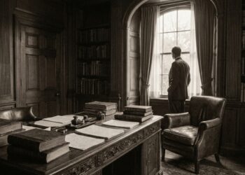 Ambiente inspirado em um consultório de psicologia do início do século XX, com livros e contrastes de luz e sombra.