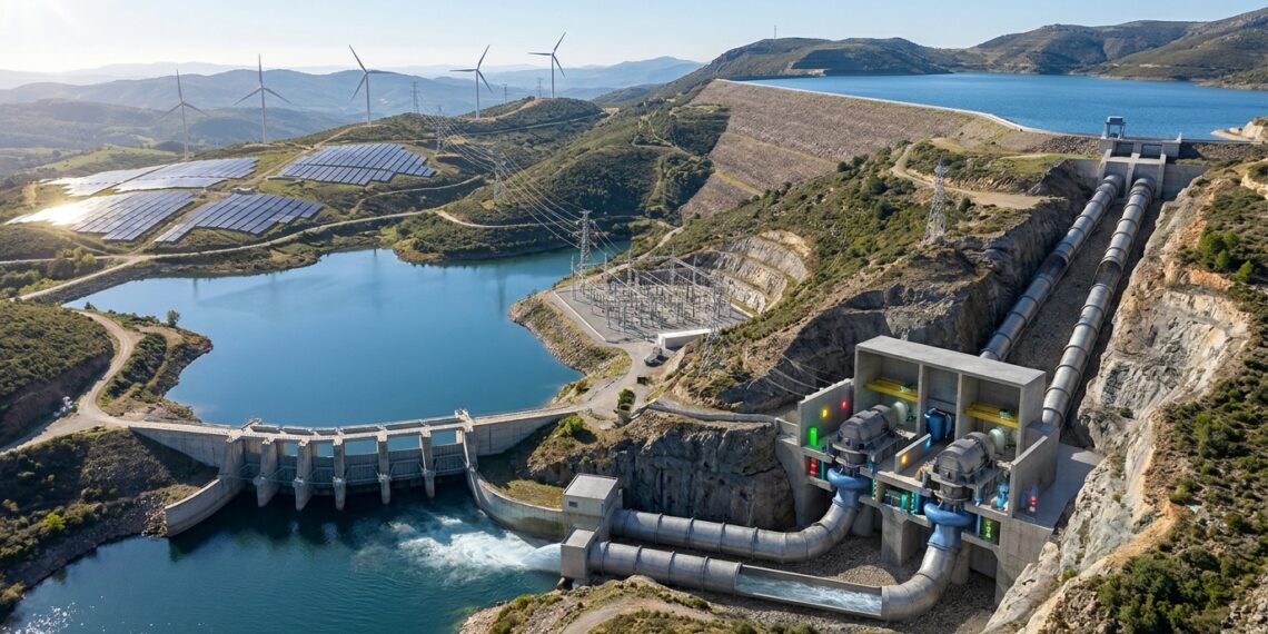 Água é bombeada para um reservatório mais alto usando energia excedente da rede.