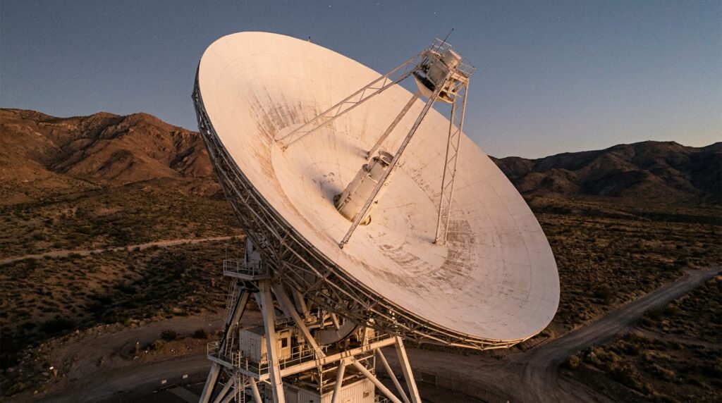 Grande antena parabólica da Deep Space Network utilizada para receber sinais de sondas espaciais distantes.