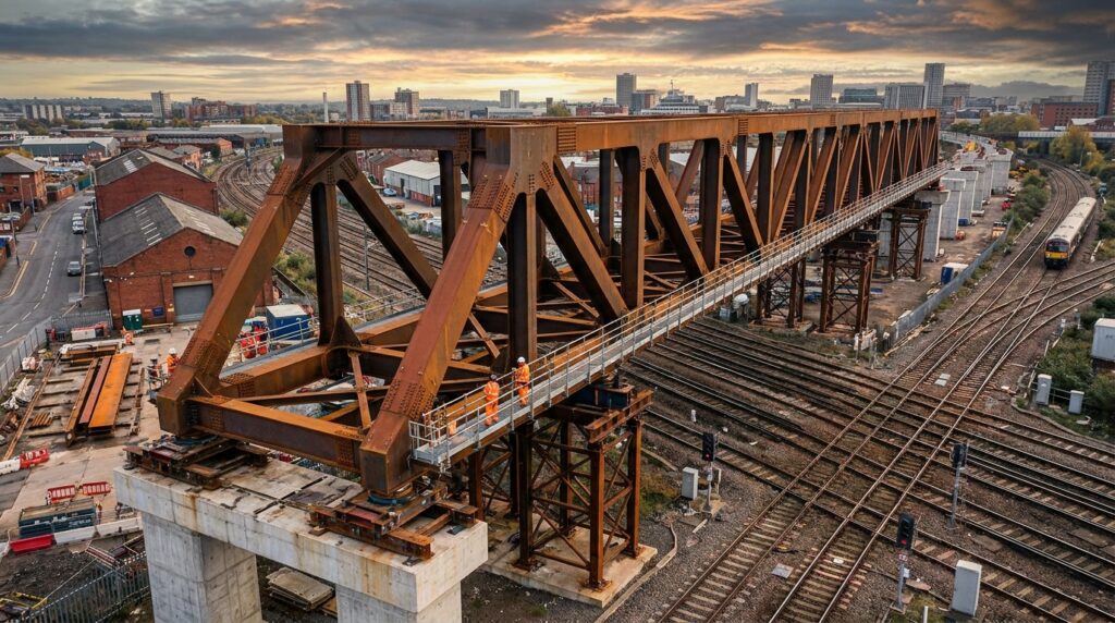 Representação aérea de uma enorme ponte metálica de aço patinável sendo movimentada sobre uma ferrovia em Birmingham, na Inglaterra.