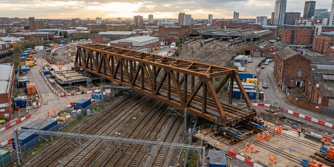 Vista aérea de uma enorme ponte metálica de treliça sendo deslocada lateralmente sobre uma ferrovia em Birmingham, na Inglaterra.