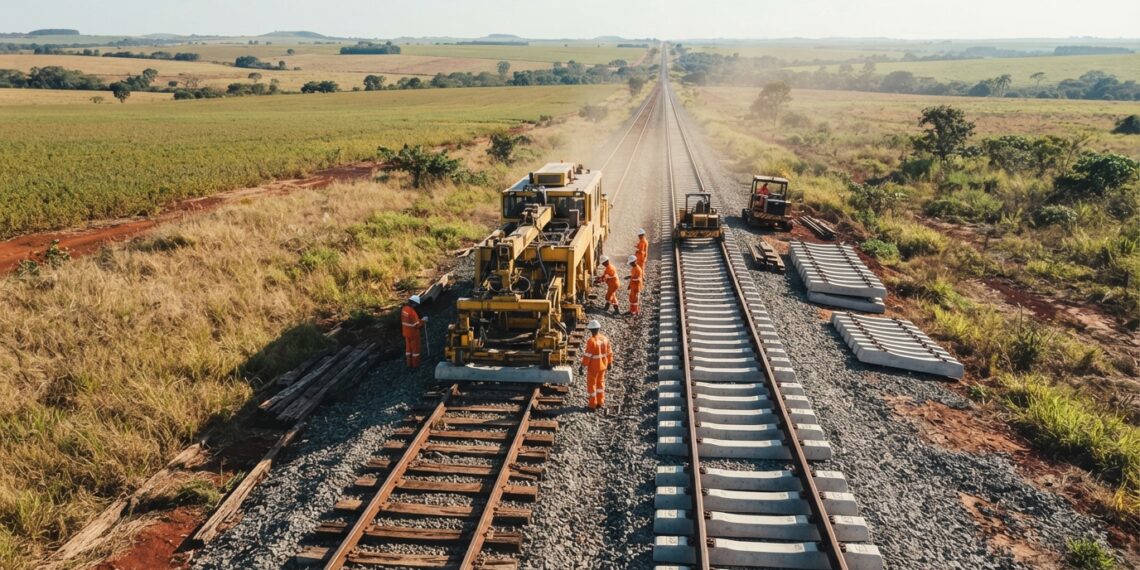 Vista aérea de uma representação da modernização da Malha Oeste, com máquinas ferroviárias, novos dormentes de concreto e trilhos em uma paisagem rural brasileira.