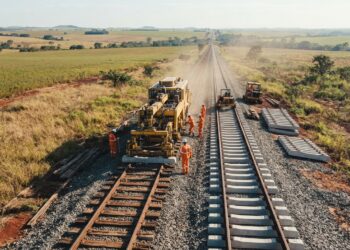 Vista aérea de uma representação da modernização da Malha Oeste, com máquinas ferroviárias, novos dormentes de concreto e trilhos em uma paisagem rural brasileira.
