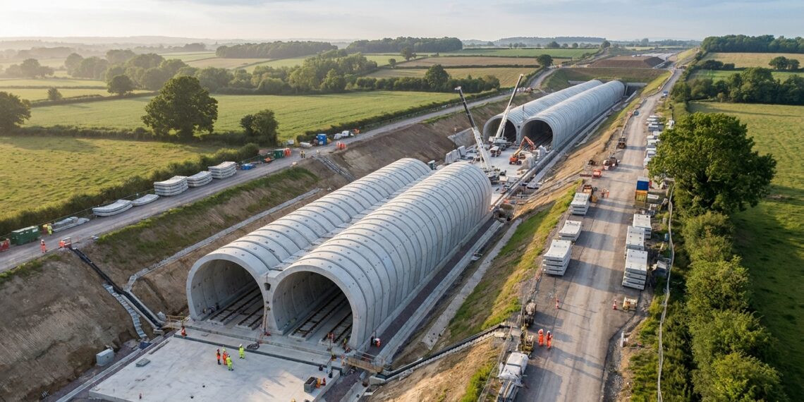 Vista aérea ilustrativa do túnel verde de Chipping Warden, com dois arcos paralelos de concreto pré-moldado montados em uma trincheira na Inglaterra.